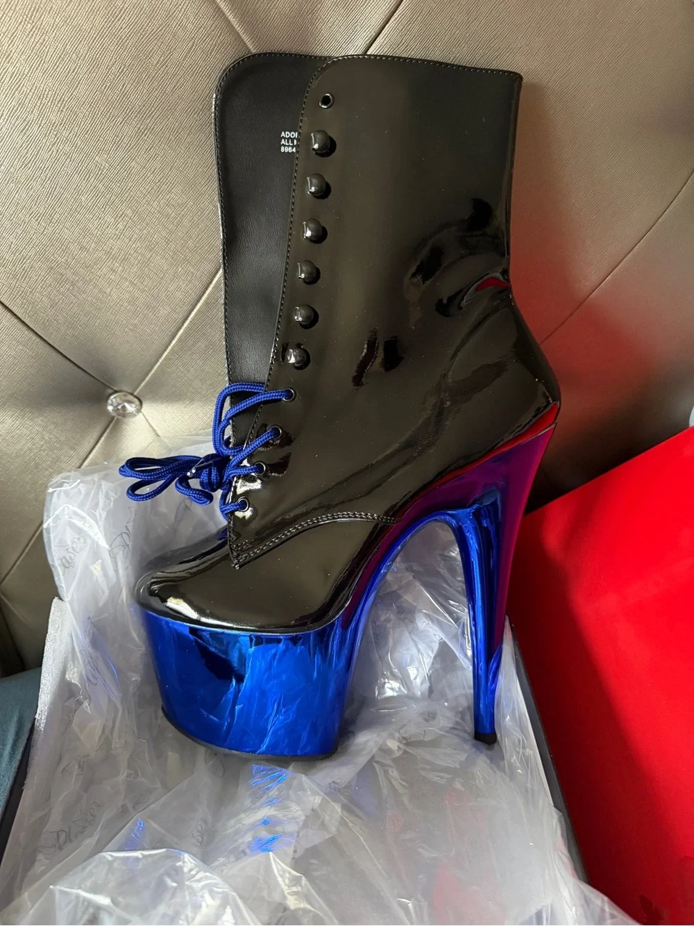 Pleaser Adore Black Patent & Electric Blue Platform Ankle Bootie - Stiletto